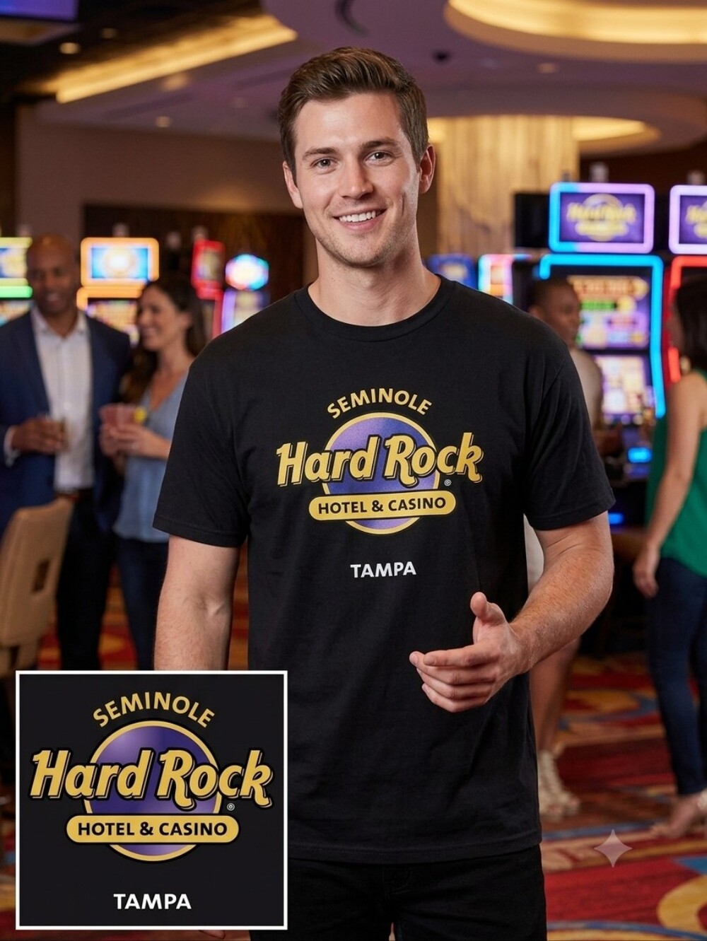 Hard Rock Cafe Black T-Shirt with Gold & Purple Logo - Tampa, Size XL